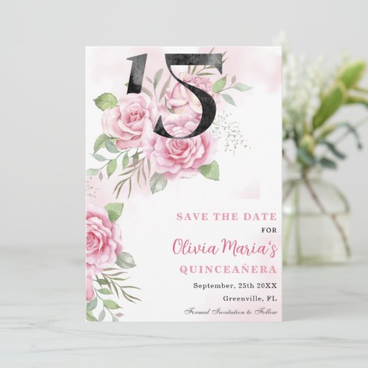 15e verjaardag van Quinceanera Rustic Floral Save The Date (Staand voorkant)