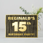 15e verjaardag: Vet, Faux-Hout-patroon Folie Uitnodiging (Staand Voorkant)