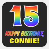 15e verjaardag: Vet, Vun, Eenvoudig, Regenboog 15 Vierkante Sticker (Voorkant)