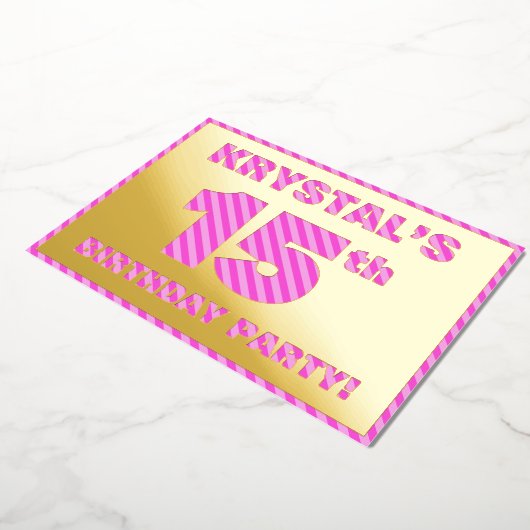 15e verjaardag - Vet, vun, roze band # 15 Folie Uitnodiging (Gedraaid)