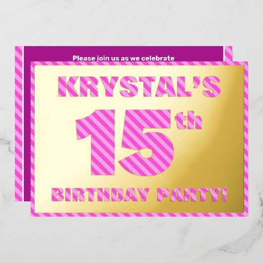 15e verjaardag - Vet, vun, roze band # 15 Folie Uitnodiging (Voorkant / Achterkant)