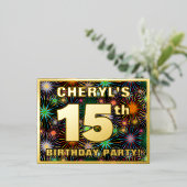 15e verjaardag: Vette, kleurrijke Fireworks-look Folie Uitnodiging Briefkaart (Staand Voorkant)