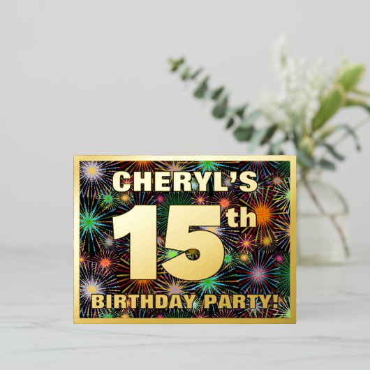 15e verjaardag: Vette, kleurrijke Fireworks-look Folie Uitnodiging Briefkaart (Staand Voorkant)