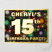 15e verjaardag: Vette, kleurrijke Fireworks-look Folie Uitnodiging Briefkaart (Voorkant)