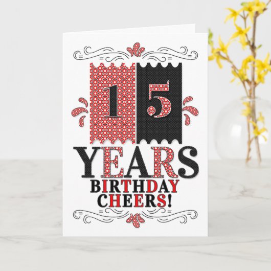 15e verjaardag voor jongens en meisjes in rood en kaart (Gele Bloem)