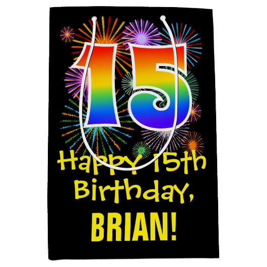 15e verjaardag: Vuurwapenpatroon en regenboog 15 Medium Cadeauzakje (Voorkant)