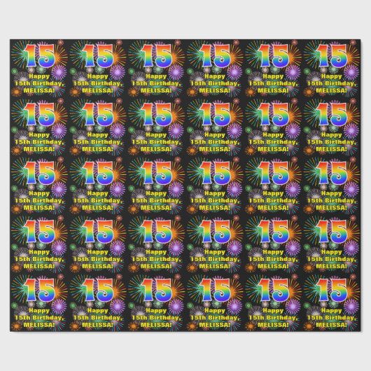 15e verjaardag: vuurwerk, regenboogblik # "15" cadeaupapier (Zoom)