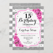 15e Verjaardag - Zilveren Witte Strepen Roze Rozen Kaart (Voorkant / Achterkant)