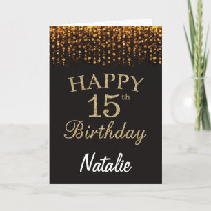 15e Verjaardag Zwart en Goud Glitter Kaart