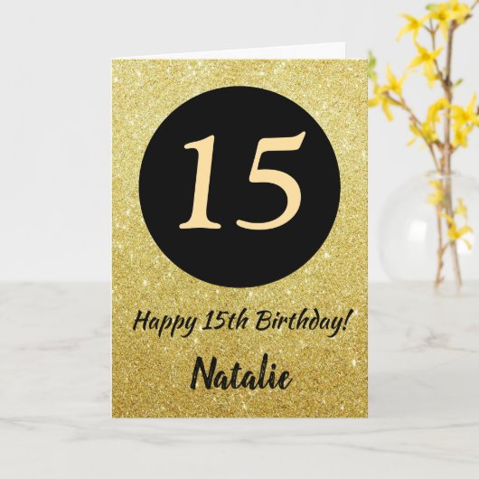 15e verjaardag zwart en goud glitterkaart kaart (Gele Bloem)