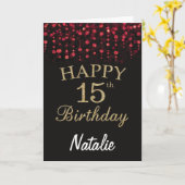 15e Verjaardag Zwart en Rood Goud Glitter Kaart (Gele Bloem)