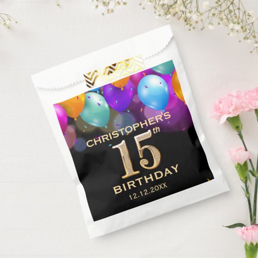 15e verjaardag Zwarte en gouden ballonnen Bedankzakje (Gezegeld)