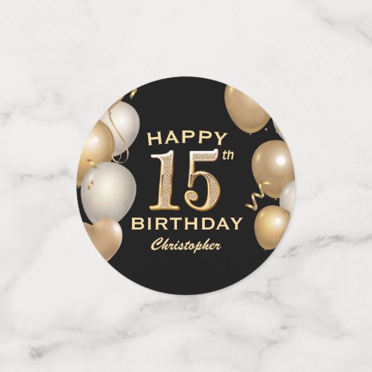 15e verjaardag Zwarte en gouden ballonnen Confetti (Kleine voorkant)