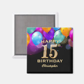 15e verjaardag Zwarte en gouden ballonnen Magneet (Voorkant / Achterkant)