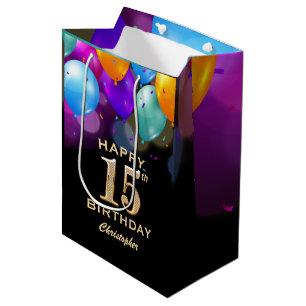 15e verjaardag Zwarte en gouden ballonnen Medium Cadeauzakje