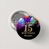 15e verjaardag Zwarte en gouden ballonnen Ronde Button 3,2 Cm (Voorkant /achterkant)