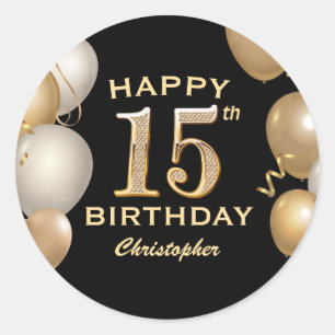 15e verjaardag Zwarte en gouden ballonnen Ronde Sticker