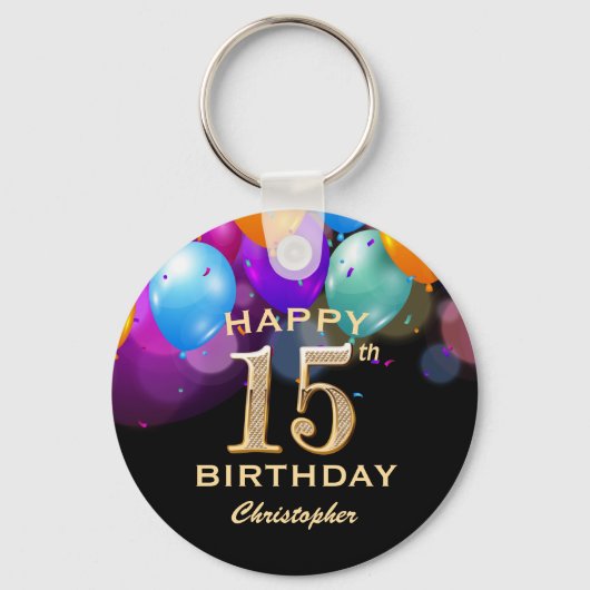 15e verjaardag Zwarte en gouden ballonnen Sleutelhanger (Voorkant)
