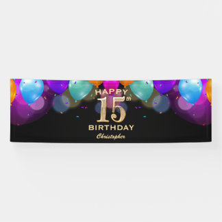 15e verjaardag Zwarte en gouden ballonnen Spandoek