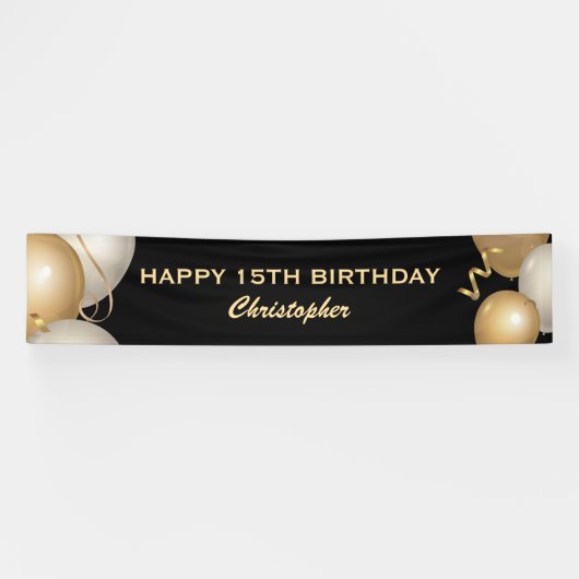 15e verjaardag Zwarte en gouden ballonnen Spandoek (Horizontaal)