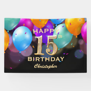 15e verjaardag Zwarte en gouden ballonnen Spandoek