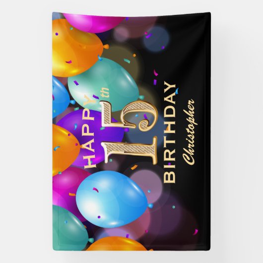 15e verjaardag Zwarte en gouden ballonnen Spandoek (Verticaal)