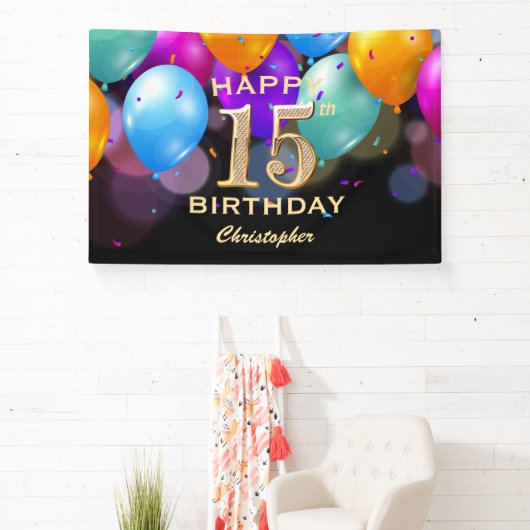 15e verjaardag Zwarte en gouden ballonnen Spandoek (Insitu)