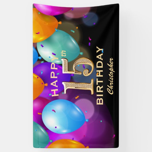 15e verjaardag Zwarte en gouden ballonnen Spandoek (Verticaal)