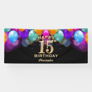 15e verjaardag Zwarte en gouden ballonnen Spandoek