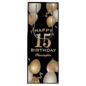 15e verjaardag Zwarte en gouden ballonnen Wijn Cadeautas (Voorkant)