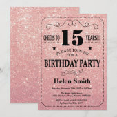15e verjaardag zwarte en roze roze roodbruin kaart (Voorkant / Achterkant)