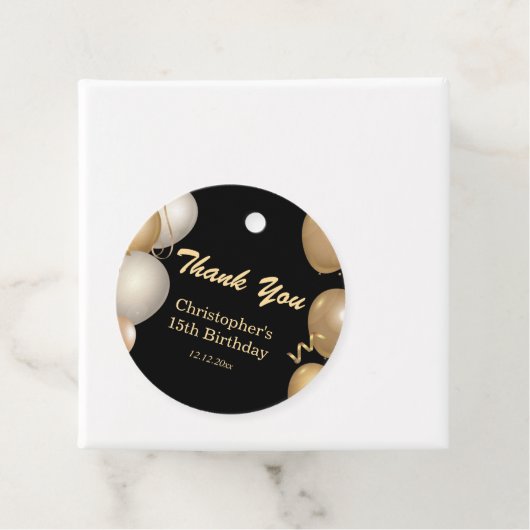 15e verjaardag Zwarte gouden ballonnen Hartelijk d Bedankjes Labels (In situ)