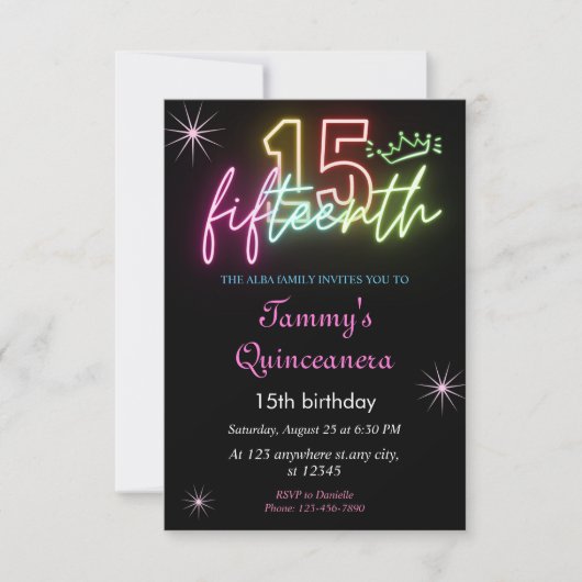 15e verjaardagGlow Neon Quinceanera Kaart (Voorkant)