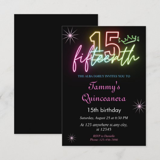 15e verjaardagGlow Neon Quinceanera Kaart (Voorkant / Achterkant)