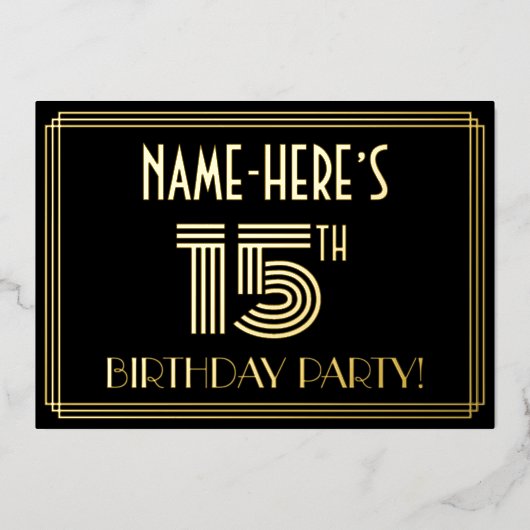 15e verjaardagsfeest — Art Deco stijl “15” + naam Folie Uitnodiging (Voorkant)
