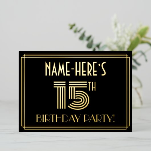 15e verjaardagsfeest — Art Deco stijl “15” + naam Folie Uitnodiging (Staand Voorkant)