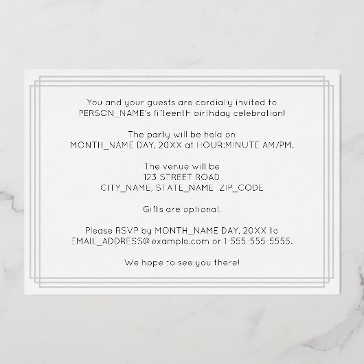 15e verjaardagsfeest — Art Deco stijl “15” + naam Folie Uitnodiging (Achterkant)