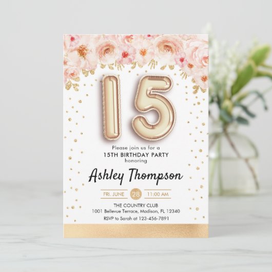 15e verjaardagsfeest - Gouden ballonnen Kaart (Staand voorkant)