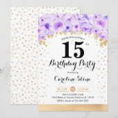 15e verjaardagsfeest - Gouden Paarse Bloemen Kaart (Voorkant / Achterkant)