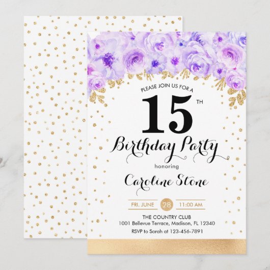 15e verjaardagsfeest - Gouden Paarse Bloemen Kaart (Voorkant / Achterkant)