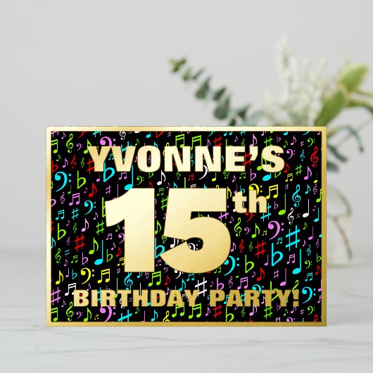 15e verjaardagsfeest — Leuke, kleurrijke muziek sy Folie Uitnodiging (Staand Voorkant)