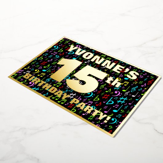 15e verjaardagsfeest — Leuke, kleurrijke muziek sy Folie Uitnodiging (Gedraaid)