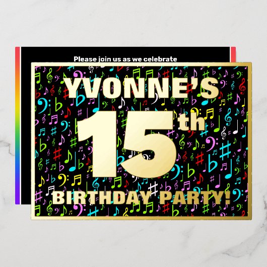 15e verjaardagsfeest — Leuke, kleurrijke muziek sy Folie Uitnodiging (Voorkant / Achterkant)