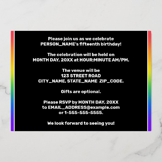 15e verjaardagsfeest — Leuke, kleurrijke muziek sy Folie Uitnodiging (Achterkant)