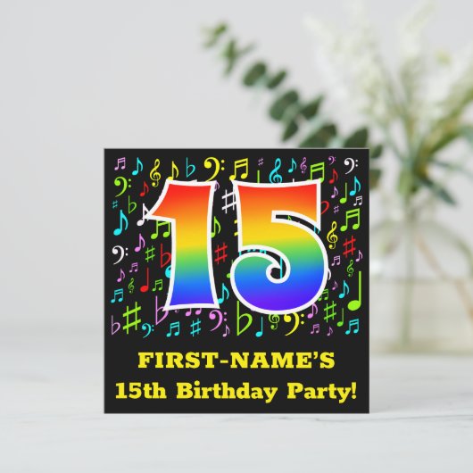 15e verjaardagsfeest: leuke muzieksymbolen, regenb kaart (Staand voorkant)