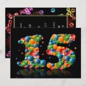 15e verjaardagsfeest, met bubbels en ballen kaart (Voorkant / Achterkant)