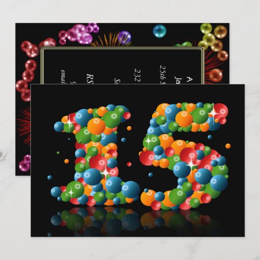 15e verjaardagsfeest, met bubbels en ballen kaart (Voorkant / Achterkant)