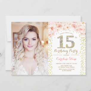 15e verjaardagsfeest met foto - Gouden Roze Bloeme Kaart