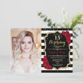 15e verjaardagsfeest met foto - Rood Goud Zwart Kaart (Staand voorkant)