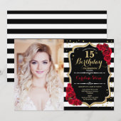 15e verjaardagsfeest met foto - Rood Goud Zwart Kaart (Voorkant / Achterkant)